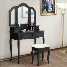 Load image into Gallery viewer, Black Wood Makeup Vanity Dressing Table Set with Stool, 4 Drawers and Folding Mirrors