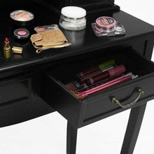 Load image into Gallery viewer, Black Wood Makeup Vanity Dressing Table Set with Stool, 4 Drawers and Folding Mirrors