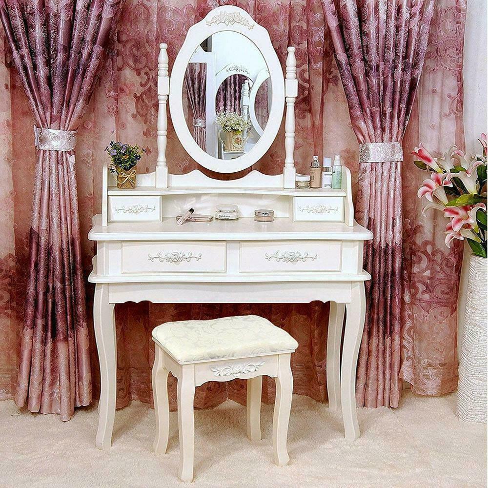 White Vanity Makeup Dressing Table Set w/Stool, 4 Drawers and Mirror