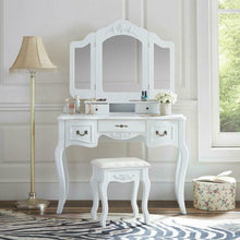 Load image into Gallery viewer, Elegant White Tri-Folding Mirror Vanity Set 5 Drawers Dressing Table Makeup Desk with Stool