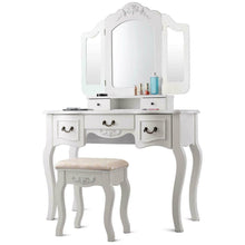 Load image into Gallery viewer, Elegant White Tri-Folding Mirror Vanity Set 5 Drawers Dressing Table Makeup Desk with Stool