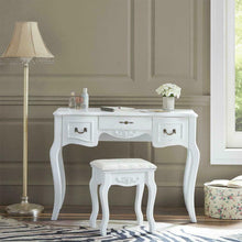 Load image into Gallery viewer, Elegant White Tri-Folding Mirror Vanity Set 5 Drawers Dressing Table Makeup Desk with Stool