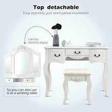 Load image into Gallery viewer, Elegant White Tri-Folding Mirror Vanity Set 5 Drawers Dressing Table Makeup Desk with Stool