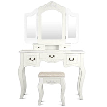 Load image into Gallery viewer, Elegant White Tri-Folding Mirror Vanity Set 5 Drawers Dressing Table Makeup Desk with Stool