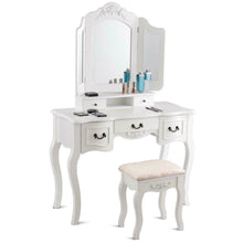 Load image into Gallery viewer, Elegant White Tri-Folding Mirror Vanity Set 5 Drawers Dressing Table Makeup Desk with Stool