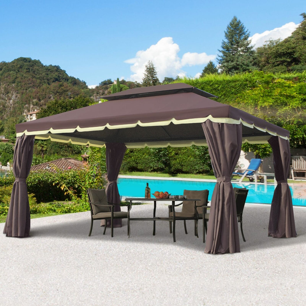 Patio Gazebo 10' x 13', Aluminum, Mesh Netting, 2 Tier Polyester Roof, Coffee