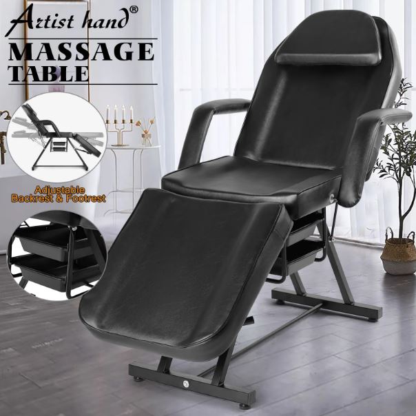 Black Recliner Massage Table Salon Tattoo Chair Facial Lash Bed w/Storage Boxes