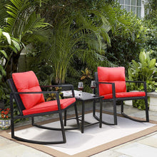 Load image into Gallery viewer, 3 Piece Outdoor Patio Furniture Set Black Wicker Red Cushions Bistro Rocking Chairs Table
