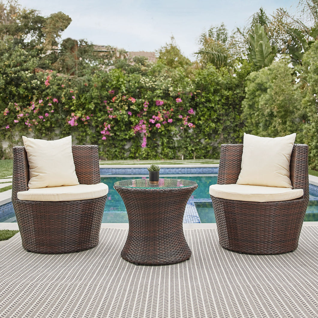 3-Piece Patio Outdoor Rattan Set, Wicker Furniture, 2 Chairs, Round Glass Table, Brown