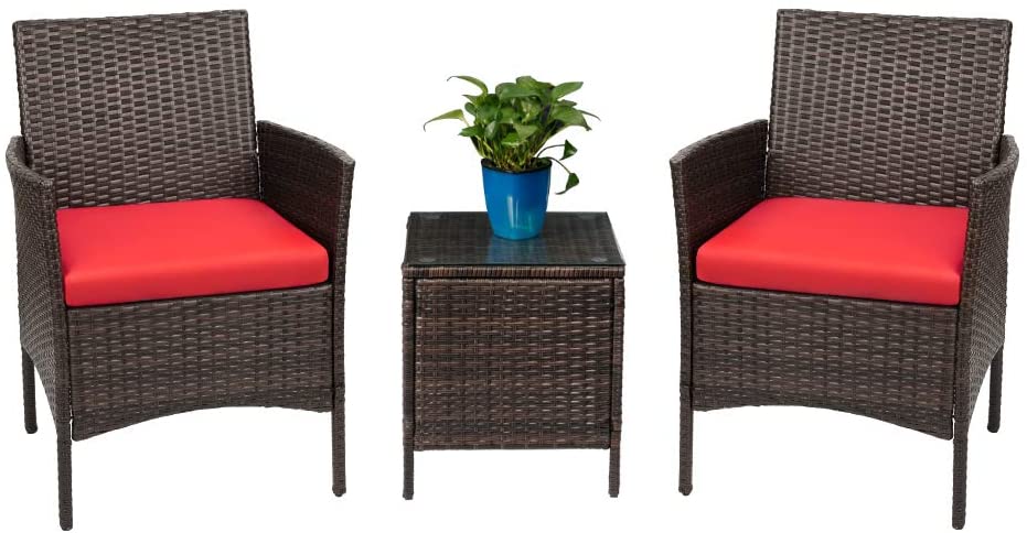 3pc Rattan Wicker Patio Se Red Cushions