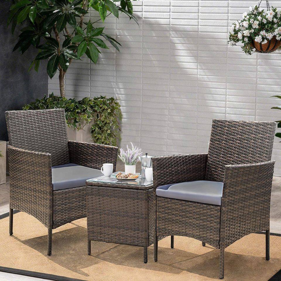 Stunning 3 Pc Rattan Wicker Patio Porch Furniture Set Chairs Table Outdoor, Grey/Brown