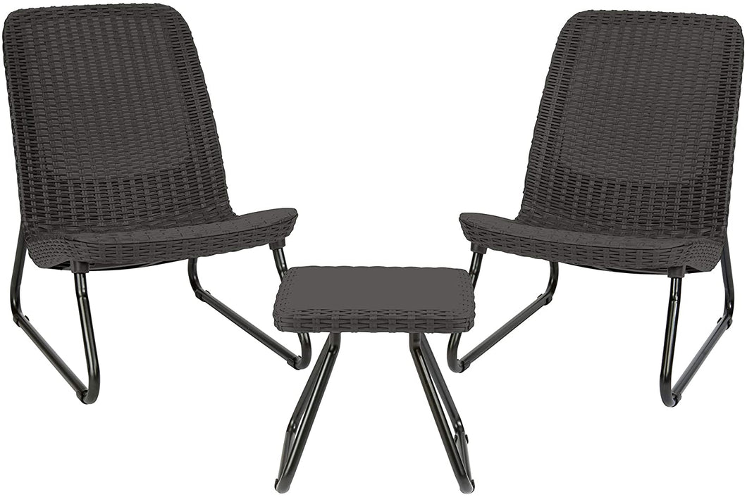 3 Piece Outdoor Patio Furniture Set, Side Table and Outdoor Chairs, Dark Grey Resin Wicker