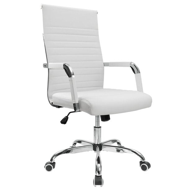 Classy High-Back PU Leather Ribbed Office Chair Adjustable Swivel Desk Task Chair White