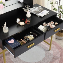 Load image into Gallery viewer, New Vanity Table with Stool, 3 Color Lighted Mirror, Makeup Vanity Dressing Table with 10 Lights and 2 Drawers, Gold and Black
