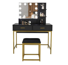 Load image into Gallery viewer, New Vanity Table with Stool, 3 Color Lighted Mirror, Makeup Vanity Dressing Table with 10 Lights and 2 Drawers, Gold and Black
