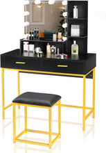 Load image into Gallery viewer, New Vanity Table with Stool, 3 Color Lighted Mirror, Makeup Vanity Dressing Table with 10 Lights and 2 Drawers, Gold and Black

