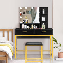Load image into Gallery viewer, New Vanity Table with Stool, 3 Color Lighted Mirror, Makeup Vanity Dressing Table with 10 Lights and 2 Drawers, Gold and Black

