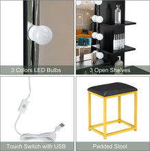 Load image into Gallery viewer, New Vanity Table with Stool, 3 Color Lighted Mirror, Makeup Vanity Dressing Table with 10 Lights and 2 Drawers, Gold and Black

