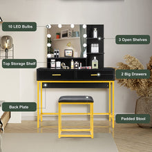 Load image into Gallery viewer, New Vanity Table with Stool, 3 Color Lighted Mirror, Makeup Vanity Dressing Table with 10 Lights and 2 Drawers, Gold and Black
