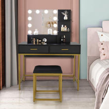 Load image into Gallery viewer, New Vanity Table with Stool, 3 Color Lighted Mirror, Makeup Vanity Dressing Table with 10 Lights and 2 Drawers, Gold and Black
