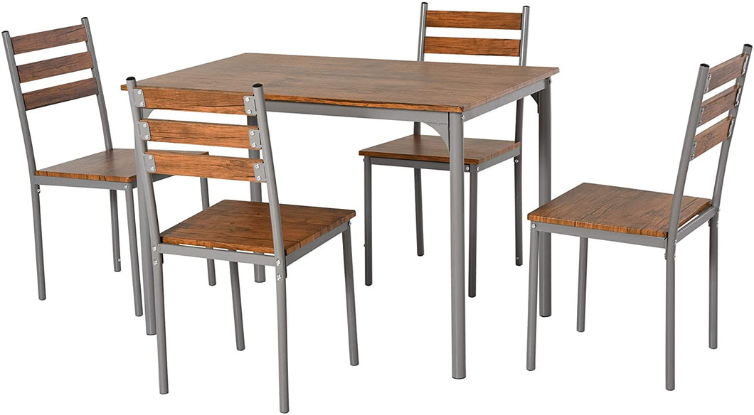 Charming 5pc Modern Wooden Counter Dining Kitchen Table Set 1 Table 4 Chairs Metal Legs Brown