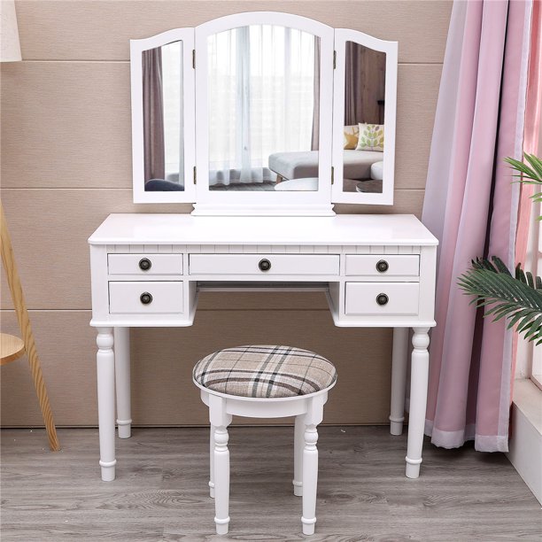 Gorgeous Tri Folding Mirror Vanity Set 5 Drawers Dressing Table Makeup Home And More Direct