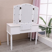 Load image into Gallery viewer, Gorgeous Tri-Folding Mirror Vanity Set 5 Drawers Dressing Table Makeup Desk with Stool White
