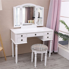 Load image into Gallery viewer, Gorgeous Tri-Folding Mirror Vanity Set 5 Drawers Dressing Table Makeup Desk with Stool White
