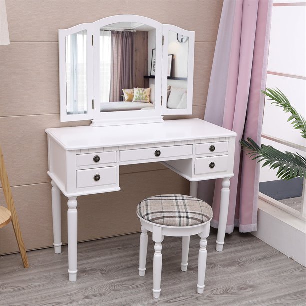 Gorgeous Tri-Folding Mirror Vanity Set 5 Drawers Dressing Table Makeup Desk with Stool White