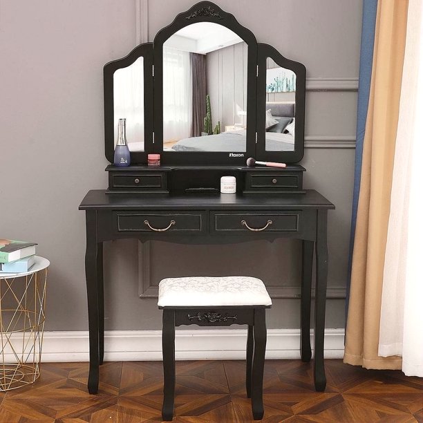 Trifold Mirrors Makeup Vanity Table Set Vanity Beauty Station w/Cushioned Stool 4 Drawers Wood Desk