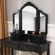 Load image into Gallery viewer, Trifold Mirrors Makeup Vanity Table Set Vanity Beauty Station w/Cushioned Stool 4 Drawers Wood Desk
