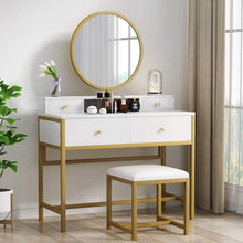 Load image into Gallery viewer, Gorgeous Large Vanity Table with 4 Drawers, Round Mirror and Cushioned Stool Set, Modern White and Gold

