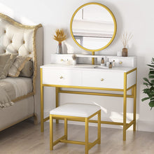Load image into Gallery viewer, Gorgeous Large Vanity Table with 4 Drawers, Round Mirror and Cushioned Stool Set, Modern White and Gold

