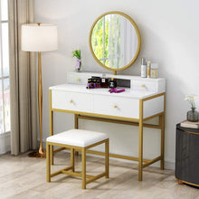 Load image into Gallery viewer, Gorgeous Large Vanity Table with 4 Drawers, Round Mirror and Cushioned Stool Set, Modern White and Gold
