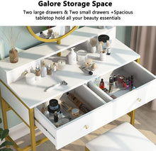 Load image into Gallery viewer, Gorgeous Large Vanity Table with 4 Drawers, Round Mirror and Cushioned Stool Set, Modern White and Gold
