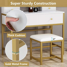 Load image into Gallery viewer, Gorgeous Large Vanity Table with 4 Drawers, Round Mirror and Cushioned Stool Set, Modern White and Gold
