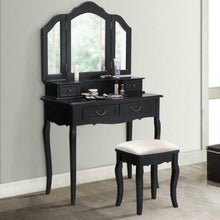 Load image into Gallery viewer, Black Wood Makeup Vanity Dressing Table Set with Stool, 4 Drawers and Folding Mirrors

