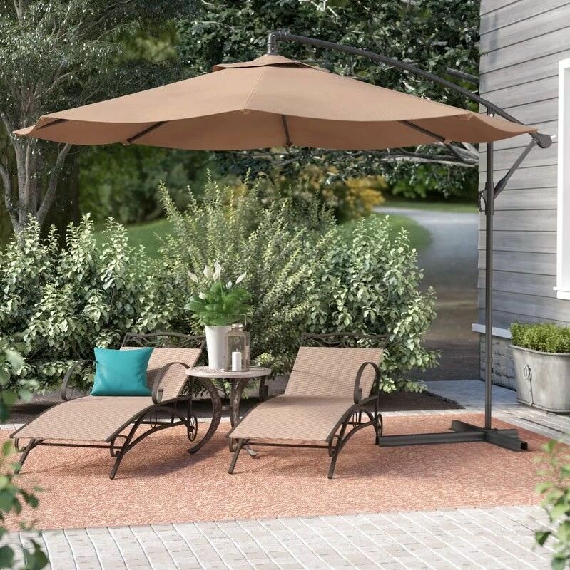 10' Ft Hanging Umbrella Patio Sun Shade Offset Outdoor UV Resistant w/ Base Tan