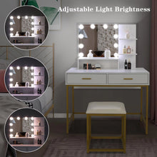 Load image into Gallery viewer, New Vanity Table Set with 3 Color Lighted Mirror, Stool, 2 Drawers and Storage Shelves, White and Gold
