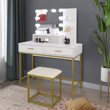 Load image into Gallery viewer, New Vanity Table Set with 3 Color Lighted Mirror, Stool, 2 Drawers and Storage Shelves, White and Gold
